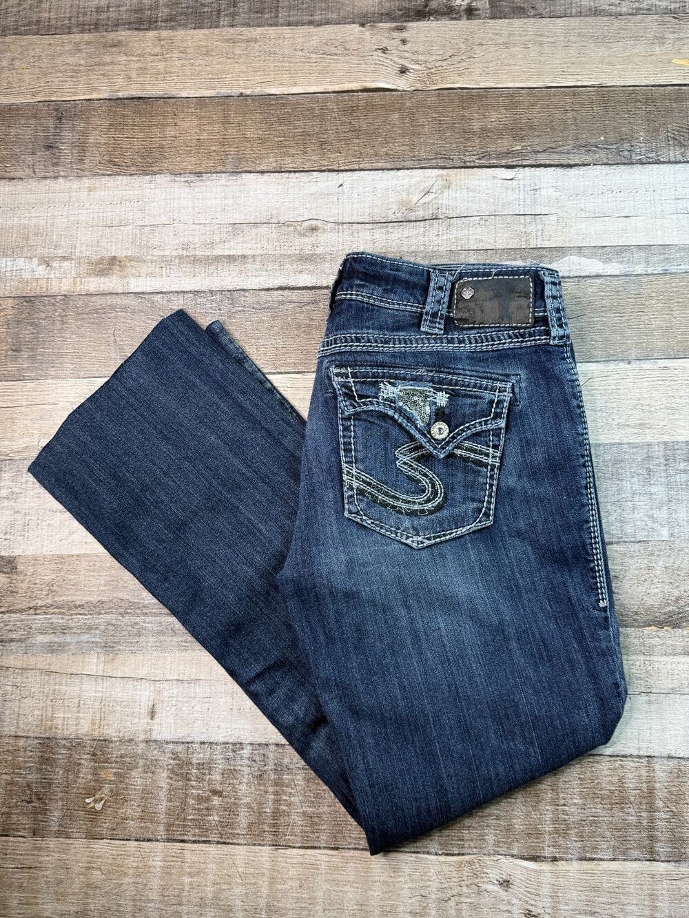 Silver Suki Flap 17" Straight Denim Jeans Pocket Flap Stretch Womens Sz 32 x 27*